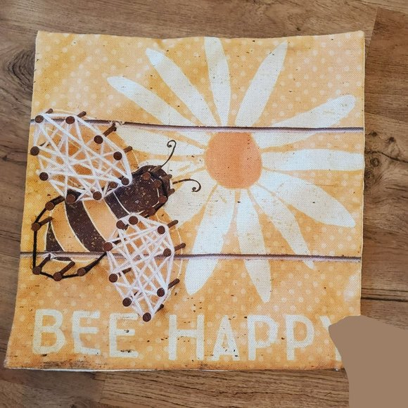 Decorative Pillow Cover, Bee Happy, Yellow Flower Insect Bug Canvas 18" NWOT - Picture 1 of 1
